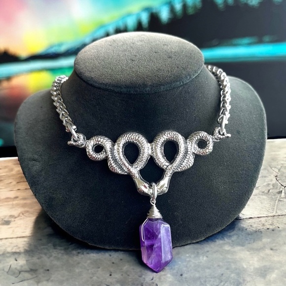 Amethyst crystal stone snake charm stainless steel chain necklace goth boho . - Picture 8 of 11